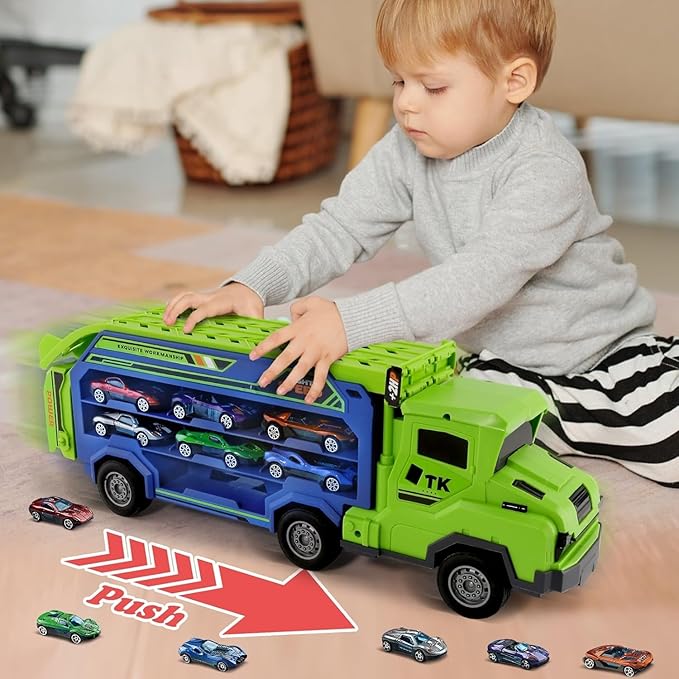 Toddler Car Truck Toys,Car Carrier Truck Toys for Kids Age 3-5 4-8,Foldable Car Track Sets with 2.8-Ft Race Track and 6 Die-Cast Race Cars, Truck Toys Gifts for 3 4 5 6 7 8+ Year Old Boys Girls(Green)