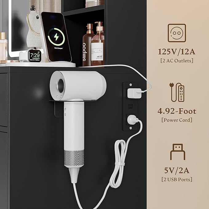 Makeup Vanity Desk with Mirror and Lights, 43" Black Vanity with Glass Top, Jewelry Storage, 3 Drawers & Glass Cabinets, Power Outlet & Adjustable LED Lights, Dressing Table for Women & Girls Bedroom