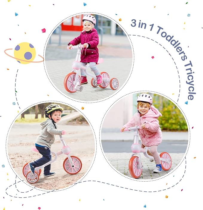 XIAPIA 3 in 1 Toddler Bike for 2-4 Year Old Girl Boy, Kids Tricycle with Adjustable Seat, Detachable Pedal and Training Wheels, Baby Balance Bike Trikes Riding Toys, Kids Chirstmas Birthday Gifts Pink