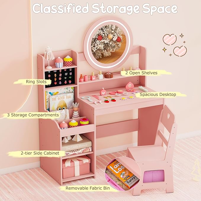 Costzon Kids Vanity, Girls Vanity Set with Mirror and Lights, Jewelry Storage, Shelves, Princess Toddler Makeup Vanity Desk Dressing Table, Wooden Kids Vanity Table and Chair Set (Pink)