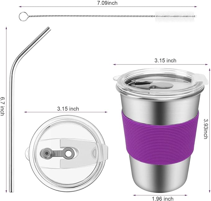 Yummy Sam Stainless Steel Cups with Straws and Lids,12oz Spill-proof Kids Tumblers Dishwasher Safe, Unbreakable Metal Toddler Cups with Heat-insulated Sleeves for Cold Drinks, 5 Pack