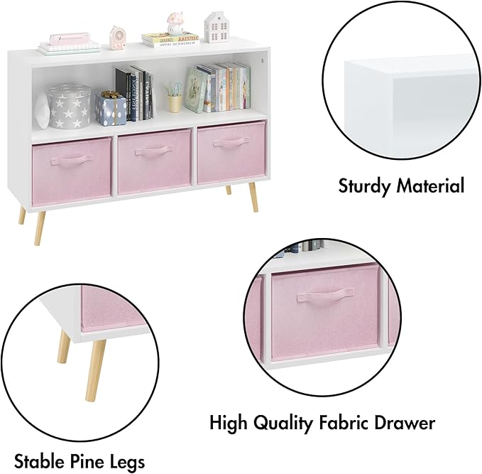 2-Tier Bookcase Bookshelf with Collapsible Fabric Drawers,Cute Book Display Storage Cabinet Organizer for Playroom Livingroom (Pink 2)