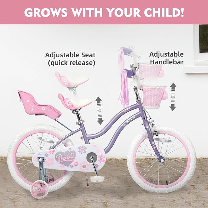 Glerc Petal Girls Bike, 12-18 Inch Kids Bike for Ages 2-9 Years Old Children, Princess Style Kids Bicycle with Training Wheels & Basket & Streamers, Multiple Colors
