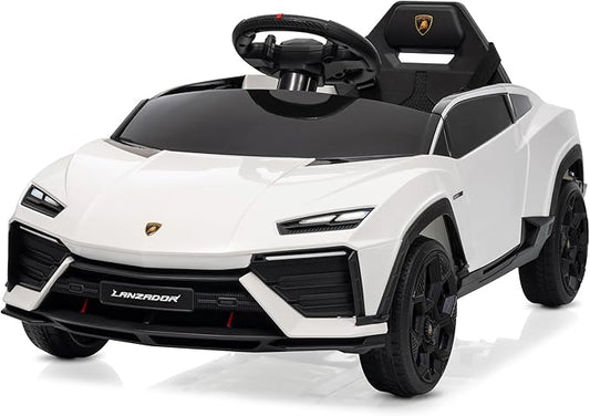 Kidzone Kids Electric Ride On 12V Licensed Lamborghini Lanzador Battery Powered Sports Car Toy with Parent Remote Control & Manual Drive, Bluetooth, LED Lights&Music - White