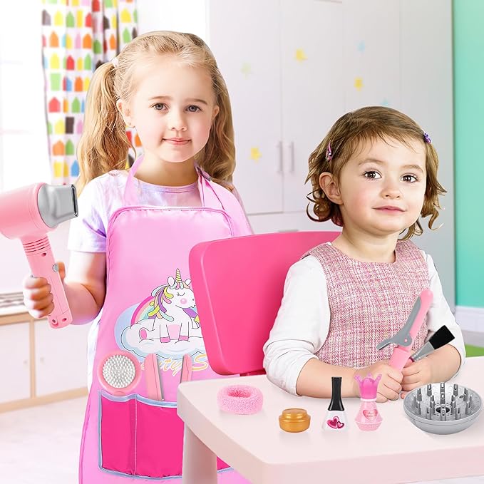 deAO Hair Salon Toys for Girls Pretend Paly Hair Styling Kit Kids Makeup Set, Beauty Salon Set with Blow Dryer Apron Accessories, Birthday Gifts for Toddler Girls Boys 3 4 5 6+