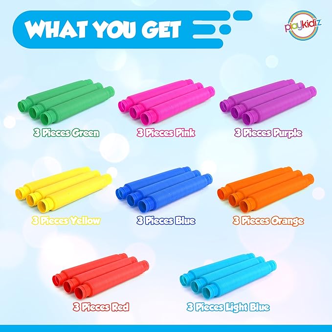 Pop Tubes Sensory Toys 24 Pack, Fine Motor Skills Toddler Toys, Thick Fidget Sensory Toys for Kids and Adults, Learning Toys, 7.5" in Diameter, Stretches Up to 26" by Playkidz