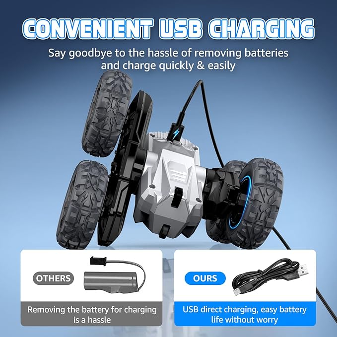 Remote Control Car for Boys, RC Monster Truck, USB Rechargeable 4WD RC Cars, 2.4Ghz Double Sided 360° Rotating Stunt Car, RC Cyber Toy Vehicle with LED Lights, Xmas/Birthday Gift for Kids Age 3+