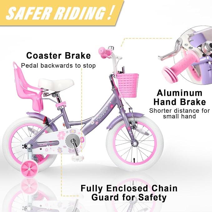 Glerc Maggie Girls Bike, 12-20 Inch Kids Bike for 2-13 Years Old Children, Princess Style Kids Bicycle with Doll-Seat & Basket & Training Wheels, Multiple Colors