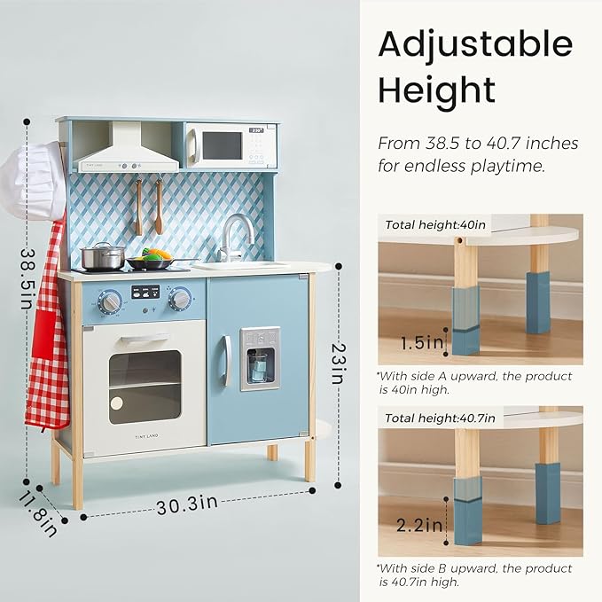 Tiny Land Play Kitchen for Kids, Wooden Kids Play Kitchen Playset Chef Pretend Play Set for Toddlers with Real Lights & Sounds, Toys Kitchen with 18 Pcs Toy Food & Cookware Accessories