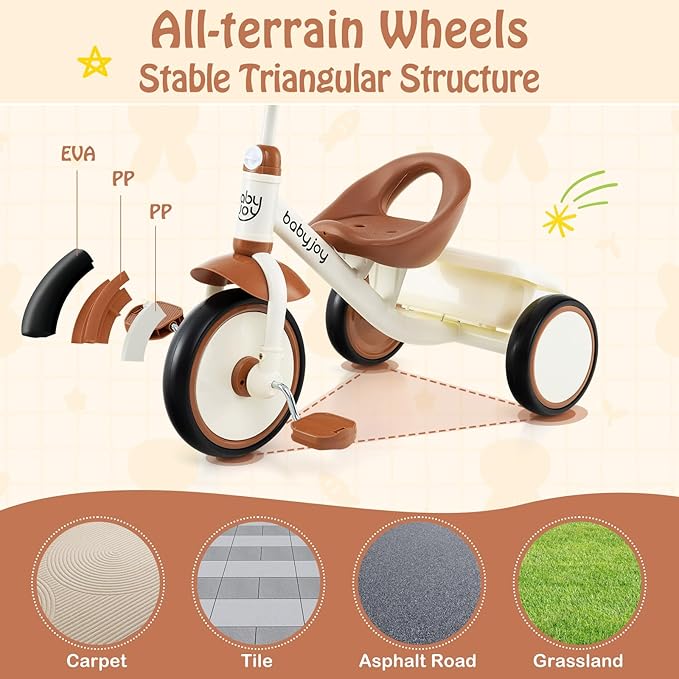BABY JOY Toddler Tricycle, Kids Trike with Adjustable Seat and Storage Basket for Boys Girls Indoor and Outdoor Riding, Toddler Trike for Baby 3-5 Years Old (Beige)