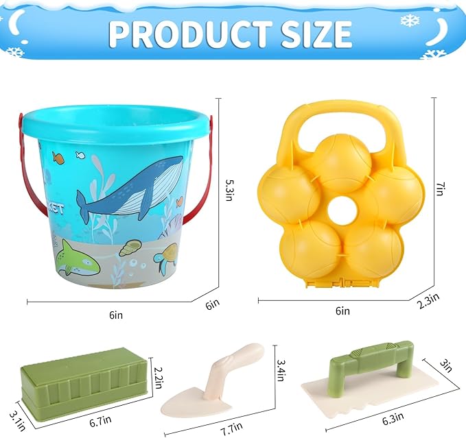 6pcs Kids Play Snow Toys, Snowballs - Makers Brick Mold with Bucket, Outdoor Winter and Summer Fun Toys for Toddler Ages 3-8 Snowball Fight, Snow Fort Building Travel Kit, Beach Chases Sand Toys
