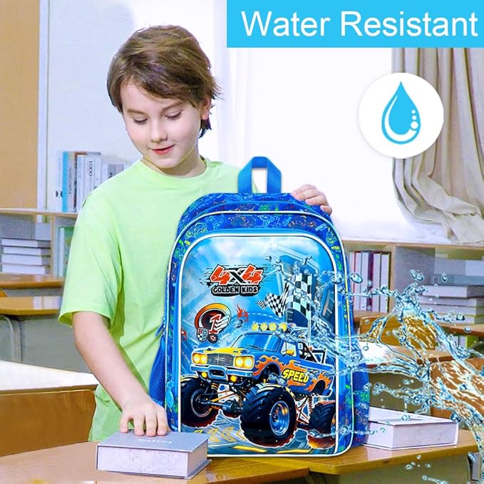 16" Monster Truck Backpack for Boy, 3Pcs Bookbag for Elementary Preschool Kindergarten, Kids School Backpacks with Lunch Box (Blue)