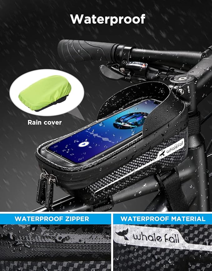 whale fall Bike Frame Bag Waterproof, 3D Eva Hard Shell, Bike Phone Holder, Bicycle Top Tube Bag, Cycling Pouch with Rain Cover, Bike Accessories for Phones Under 7"