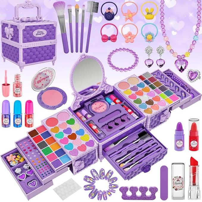 99 Pcs Kids Makeup Kit for Girls, Princess Toys Real Washable Cosmetics Set with Mirror, Hair Ties, Nails, Rings, Earrings, Necklace, Perfect for 3 4 5 6 7 8 Year Old Girls Birthday