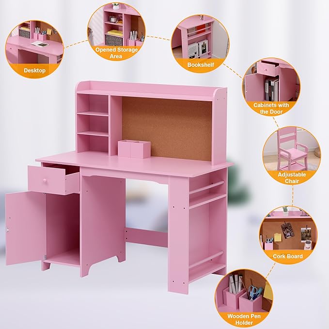Garvee Kids Desk, Study Desk and Chair Set for Boys and Girl, Wooden Kids Writing Table with Bookshelf, Bulletin Board, Cabinet and Drawer for Ages 3-8, Pink