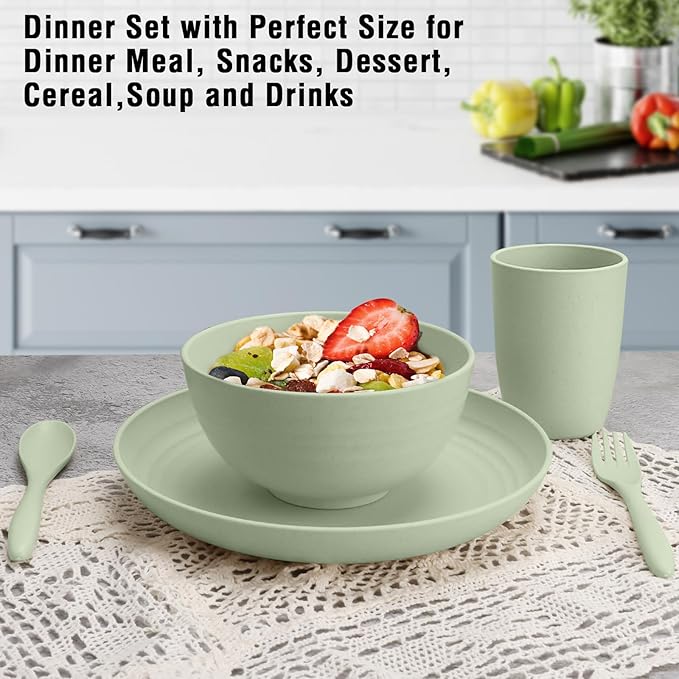 Shopwithgreen Wheat Straw Dinnerware Sets for 4, 20 PCS Unbreakable Plates and Bowls Sets, Reusable Dinner Dishes Set, Bowls, Cups, Plates for Camping, Kitchen, RV, Dorm, Dishwasher Microwave Safe