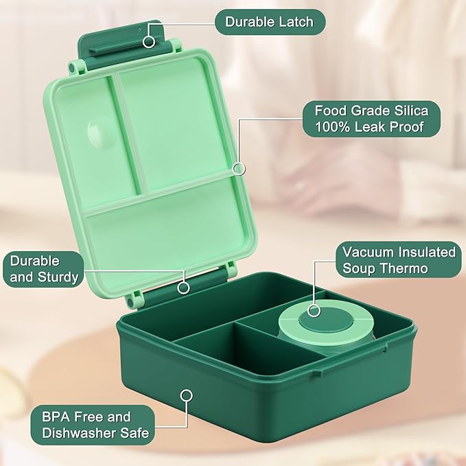 Itslife Bento Lunch Box for Kids with 8oz Soup Thermo&Lunch Bag, Leak-Proof Lunch Food Containers with 4 Compartment, Hot Food Insulated Food Jar for Kids School (Green)