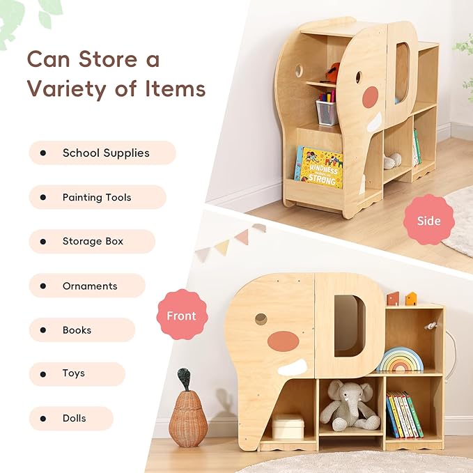 OOOK Montessori Bookshelf with Elephant Shape, 2-Shelf Toddler Bookshelf, Montessori Shelf and Toy Storage Organizer for Classroom, Kindergarten, Kids Room, Playroom and Daycare.