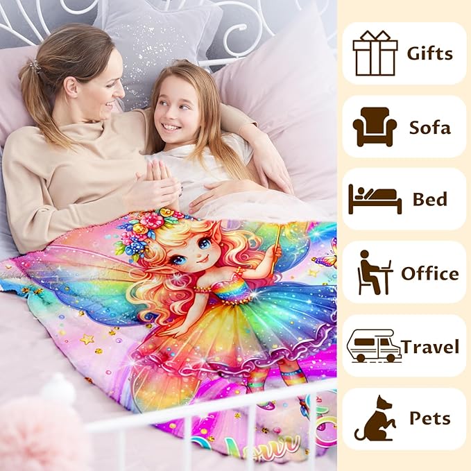Personalized Name Blanket for Girls, Fairy Throw Blanket Gift for Kids Teens Girls Age 6-8, 50"x40" Custom Name Blankets for Couch Sofa Bed Bedroom Decor Travel