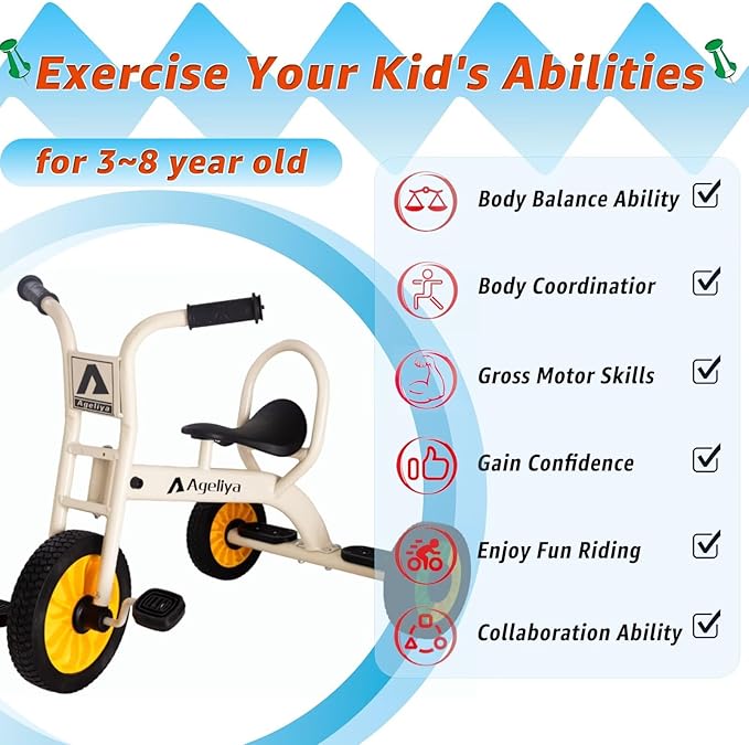 Kids Tricycle for Preschool Ages 3+, Ideal Outdoor Playground & Daycare Yard Trikes, Durable Metal Pedal Trike Gift for Boys and Girls, Sturdy Carbon Steel Frame, Inflation-Free Rubber Wheels