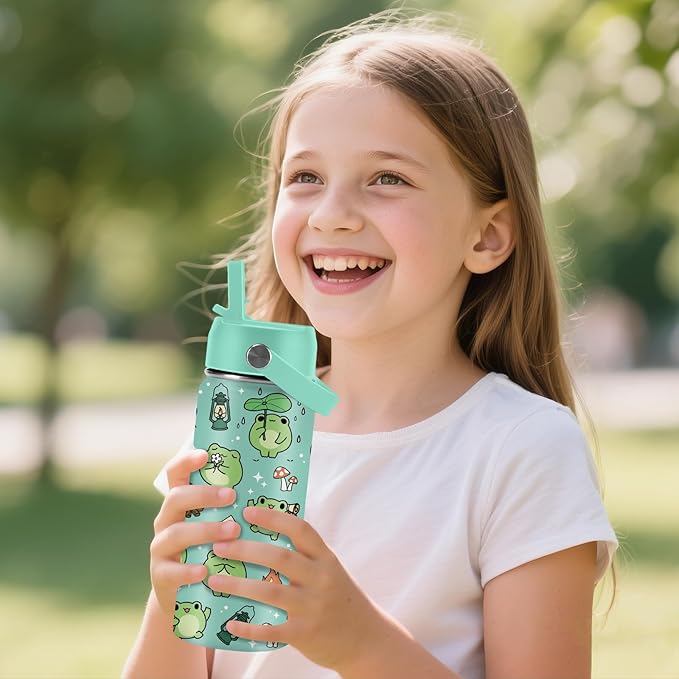 Frog Gifts for Kids - 16oz Cute Green Frog Water Bottle with Straw Lid, Stainless Steel Insulated Tumbler, Leakproof, BPA-Free, for Boys & Girls, School - Animal Frogs Lovers Birthday Gift Cup (1pc)