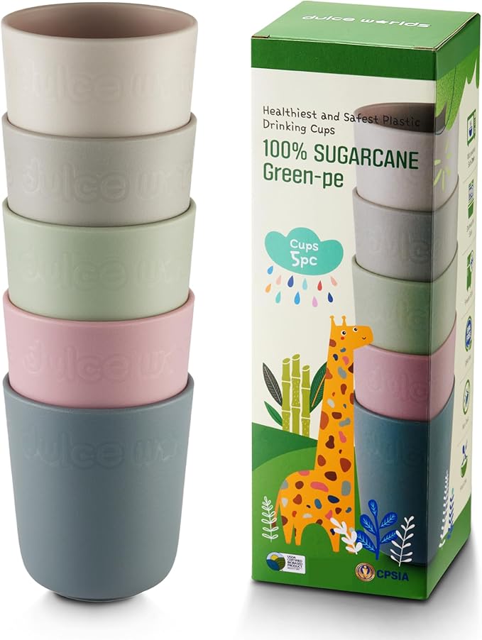 SUGARCANE Kids Cup 10 oz - 5 Pack, USDA & LFGB Certified Toddler Cup - BPA Free - Dishwasher Safe, Reusable, Unbreakable - Gray Pink
