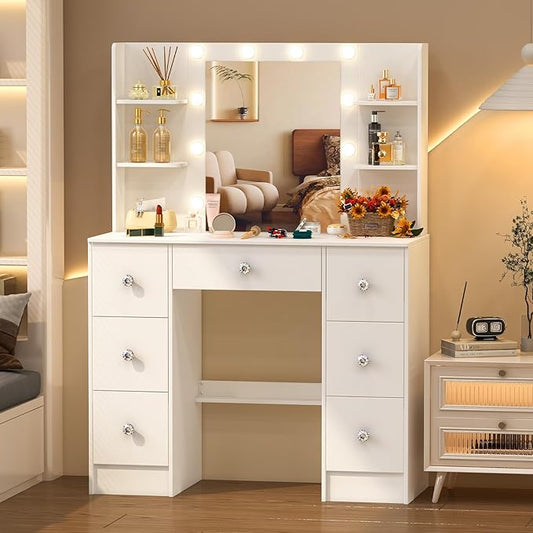 White Vanity Desk with Lighted Mirror, 39.4''W Makeup Vanity with 3-Color Adjustable Brightness, 7 Drawers & Open Shelves, Big Vanity Table for Bedroom, Girls & Women
