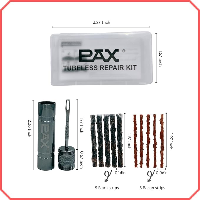 PAX 12 Pcs Tubeless Bike Tire Repair Kit, Includes Storage Canister, Plugger Tool, Plugs-5 Bacon, and 5 Black Strips. Fix a Puncture or Flat, Fast for MTB、Gravel Bike Tires and Road Bicycle Tires