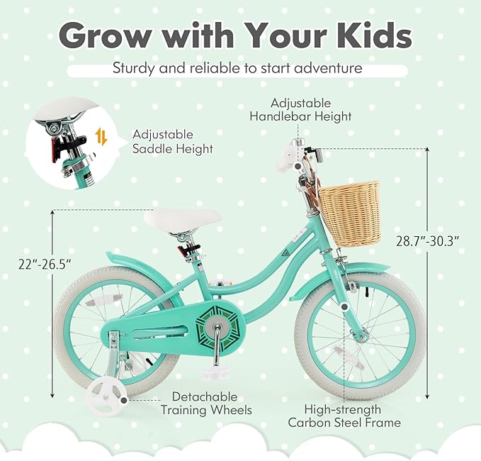 COSTWAY Kids Bike, 14 16 18 Inch Toddler Bike with Training Wheels, Basket, Adjustable Seat & Handlebar, Hand & Coaster Brakes, Bell, for Girl Boy Aged 3-8 Years Old