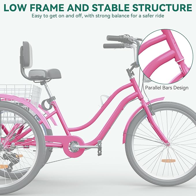 YITAHOME 24 & 26 Inch Adult Tricycle, 1 & 7 Speed 3 Wheel Bikes, Large Seat with Backrest Trike for Adults with Front & Rear Baskets, Cruiser Bike for Seniors Women Men Commute Picnic Outdoor