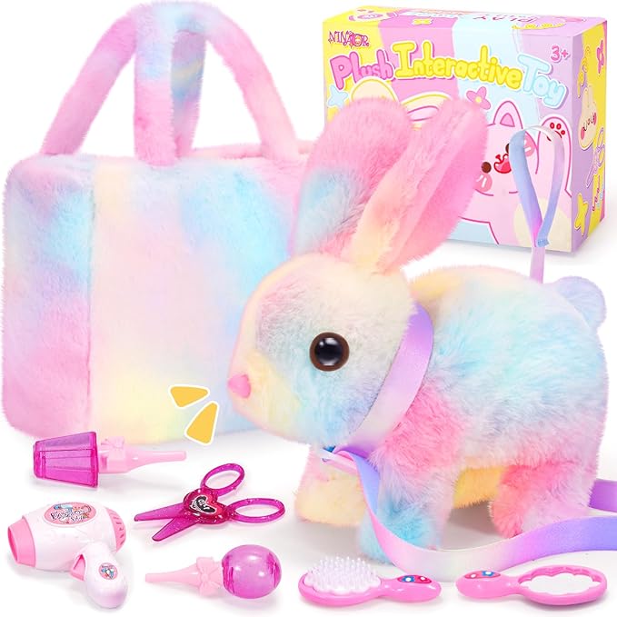 Plush Interactive Bunny Toys for Kids with Tote Bags,Stuffed Robot Pet Rabbit with Leash Hopping Wiggle Ears Pretend Play,Realistic Cute Fidget Toys for Toddler Stocking Stuffers Birthday Gifts