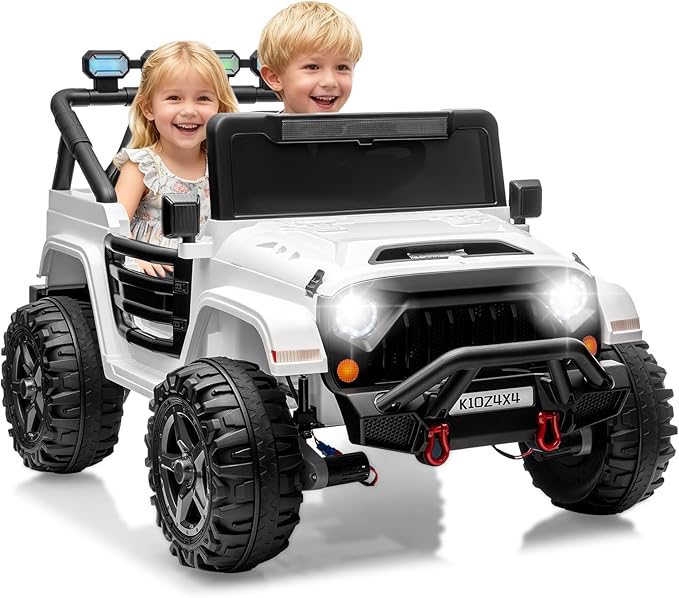 24V Ride on Toys for Kids, 2 Seater Electric Ride on Car w/Remote Control, 4 Powerful Motors, 4WD/2WD, 3 Speeds, Led Lights, Bluetooth, Ride on Truck for Kids Toddler, White