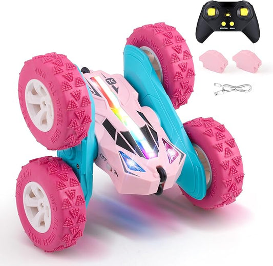 Threeking Remote Control Car RC Cars Toys for Boys Girls Ages 6-12, Upgraded USB-C Modular Batteries, 4WD Stunt Car with Breathing Soft Lights, Double-Sided Driving & 360° Flips, Presents Gifts, Pink