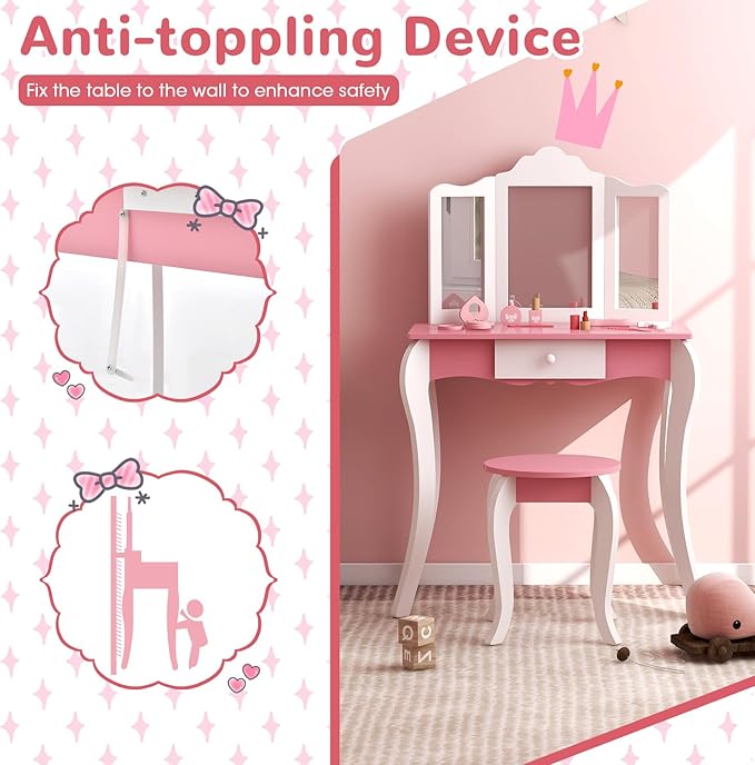HONEY JOY Kids Vanity, Toddler Wooden Makeup Vanity Table & Chair Set, Tri-Fold Princess Mirror, Little Girls Vanity Set with Mirror and Stool (Pink)