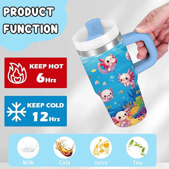 Axolotl Gifts for Girls - 14oz Blue Kids Axolotl Tumbler with Handle and Straw, Stainless Steel Insulated Water Cup, for Sport, School, Travel - Axolotl Lovers Gift for Children Birthday Gift Cup(1pc)