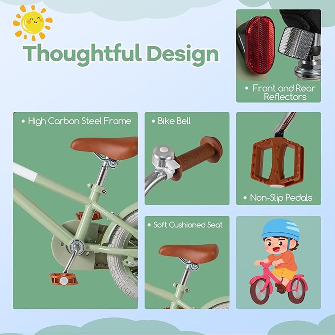 BABY JOY Colorful Macarons Kids Bike, 12 14 16 18 Inch Sporty Children's Bicycle with Training Wheels, Adjustable Handlebar & Saddle, Handbrake & Coaster Brake, Boys Girls Bike for 3-8 Years Old