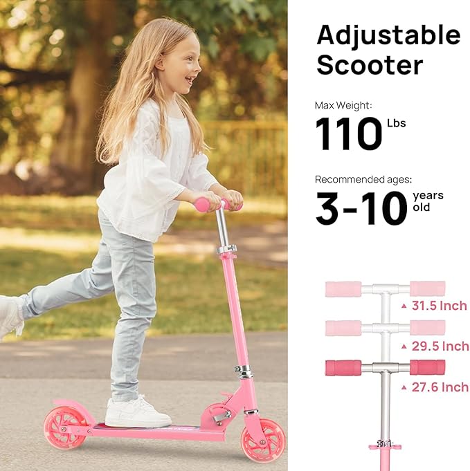 Scooter for Kids with Light up Wheels, 3 Adjustable Levels, Rear Brake