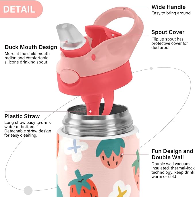 Kigai Black & White Cow Print Kids Water Bottle with Straw Lid, Vacuum Insulated Stainless Steel Double Walled Leakproof Tumbler Travel Cup for Girls Boys Toddlers, 12 oz