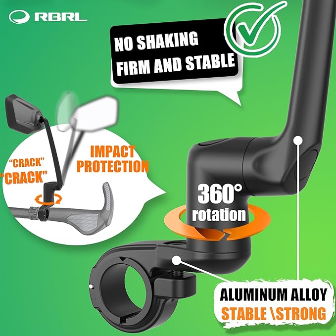 RBRL Bicycle Mirror, Aluminum Alloy Bike Mirror Handlebar Mount, Anti-shake & Break-proof, Foldable HD Real Glass Rotatable Ebike Accessories, Bike Rear View Mirror for Ebike Scooter (Right)