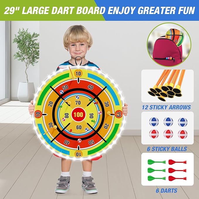 2 Pack Kids Bow and Arrow with 29" Large Dart Board, LED Light Up Archery Set with 24 Suction Cup Arrows, Indoor Outdoor Sport Dinosaur Toys Gifts for 3 4 5 6 7 8 9 10 11 12 Year Old Boys Girls