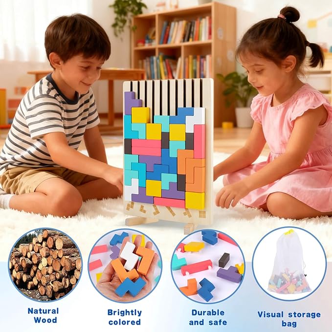 Wooden Colored 3D Russian Block Stacking Puzzle, Montessori Educational Toy for Toddlers Ages 3+ Fun Brain Teasers Family Board Game and Classroom Activities