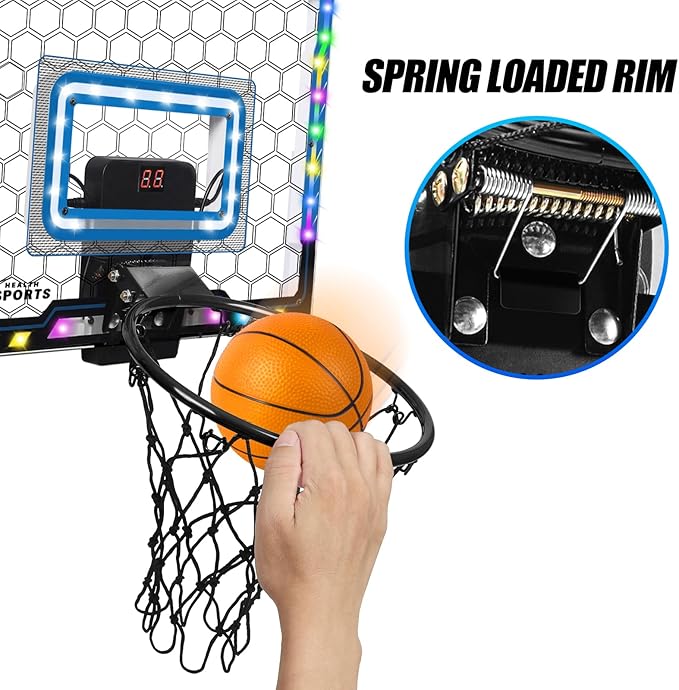 AOKESI Mini Basketball Hoop Indoor with Scorer and Batteries|Inside Basketball Hoop Over The Door with Colorful LED Lighting|Toy Basketball Gifts for Boys Girls Teens Adults, Blue