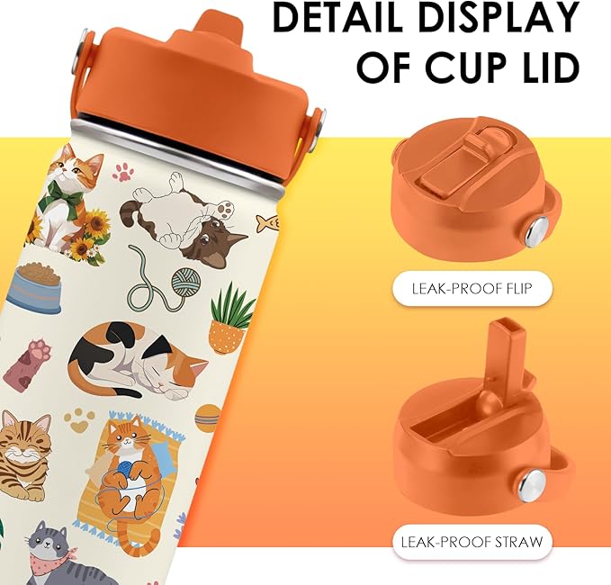 Cat Gifts for Kids - 16 Oz Orange Cat Water Bottle with Straw Lid, Stainless Steel Insulated Tumbler, Leak Proof, for Boys & Girls, School, Travel - Funny Cats Lovers Children Birthday Gifts Cups(1pc)