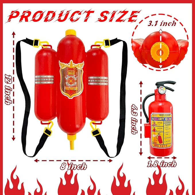 Firefighter Backpack Water Gun Blaster Set for Kids,Fireman Tank with Hose Shooter Toy,Mini Fire Extinguisher Squirter for Halloween Costume,Outdoor Play,Swimming Pool,Beach,Party