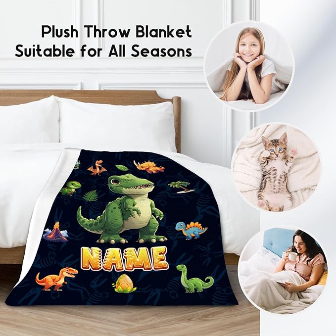 Dinosaur Blanket for Kids - Personalized Blankets Gifts for Boys Toddler - Cozy Lightweight Throw for Sofa Bedroom Decor, 4 Size