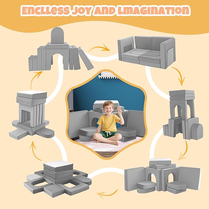 12Pcs Modular Kids Play Couch Multifunctional Foam Toddler Sofa Convertible Kids Sofa Playroom Bedroom Furniture Floor Foam Explorer Couch with Building Fort Feature for Boys and Girls (light gray)