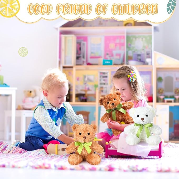 Hungdao 24 Pcs Bear Bulk Plush Stuffed Animals 10 Inch Cute Soft Stuffed Bear with Green Bow for Baby Shower Birthday Party Gift (Dark Brown, Light Brown, White)
