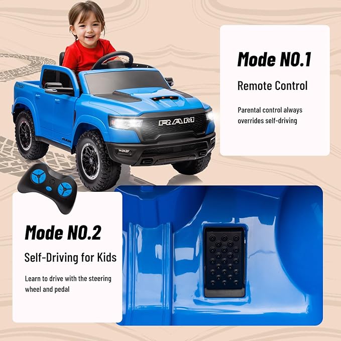 Ram 1500 RHO Ride on Car for Kids,12V Electric Truck Car with Remote,Kids Ride on Toy Car with Raised Windows,Safety Belt,Bluetooth,Music for Age 3-8 (Blue)