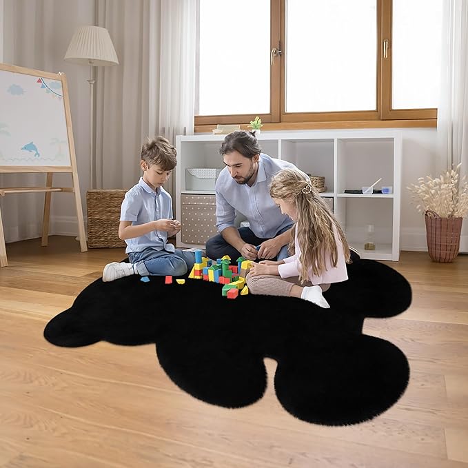 4x5.3 ft Black Bear Shaggy Large Rug, Soft Fluffy Faux Sheepskin Fur Rug Fuzzy Shag Area Rug Cute Plush Carpet for Nursery Kids Girls Bedroom Room Aesthetic Living Room Floor Home Decor, Black