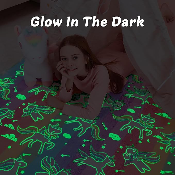 QSTEHEML Unicorns Glow in The Dark Blanket for Girls,Unicorn Gifts for Girls Age 3 4 5 6 7 8 9 10 11 12 Year Old, Soft Unicorns Rainbow Blanket - Christmas Birthday Bedroom Decor 50"×60"
